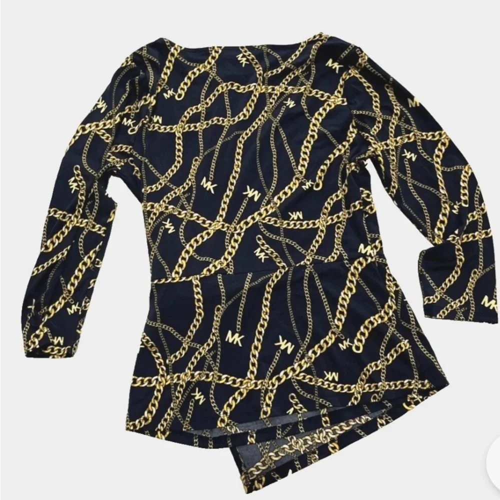 Michael Kors Black and Gold Chain Print Blouse New Plus 3x